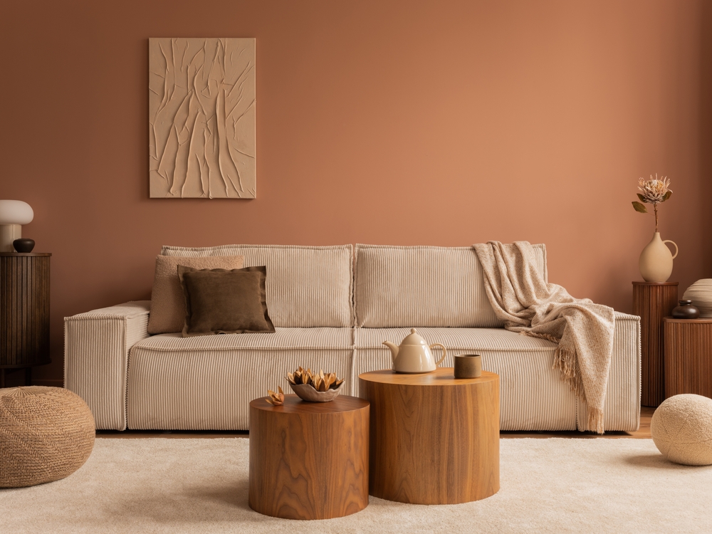 An internal photograph of a living room with a warm and earthy aesthetic. 